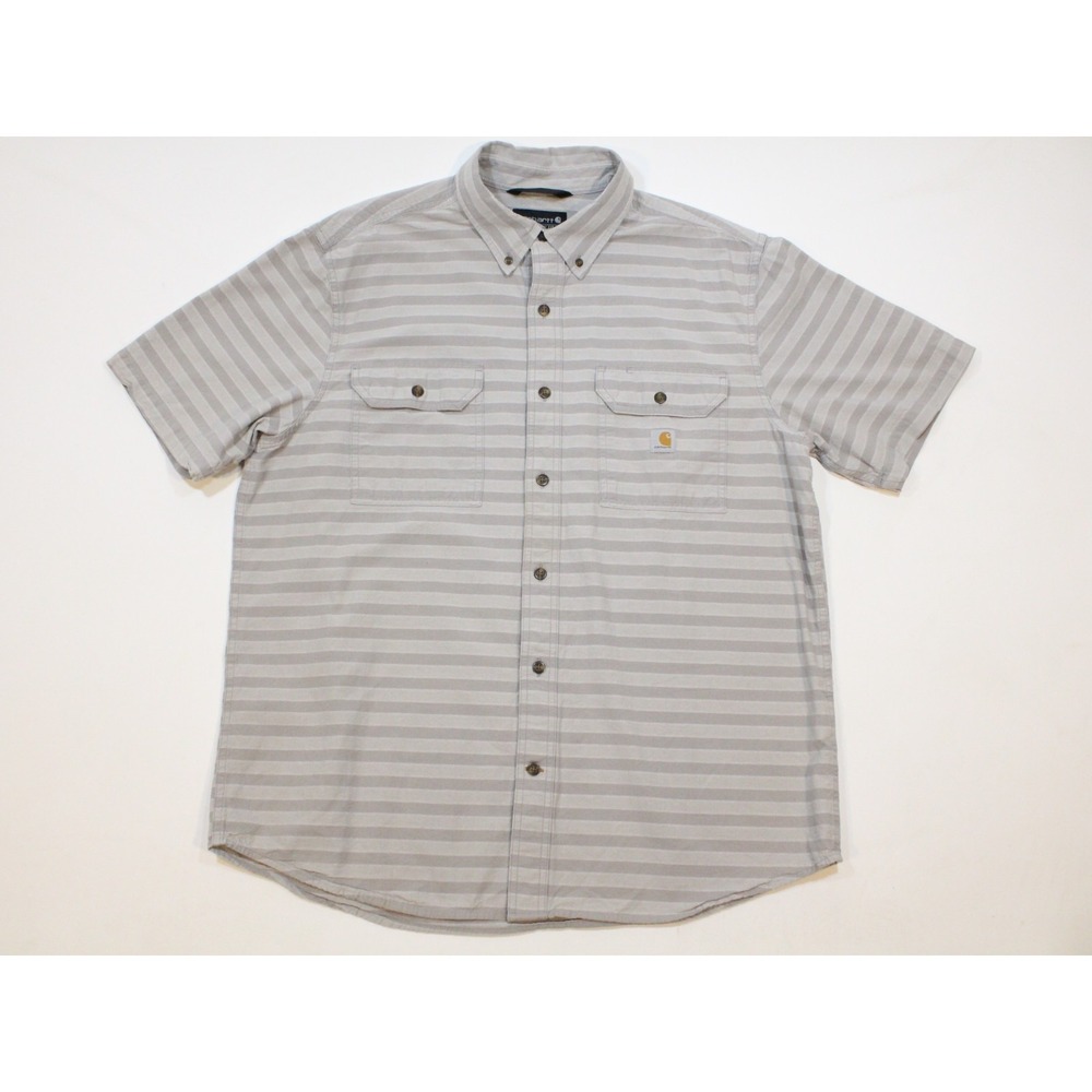 Carhartt Shirt Mens Large Gray Striped Button Down Short Sleeve Loose Fit Cotton